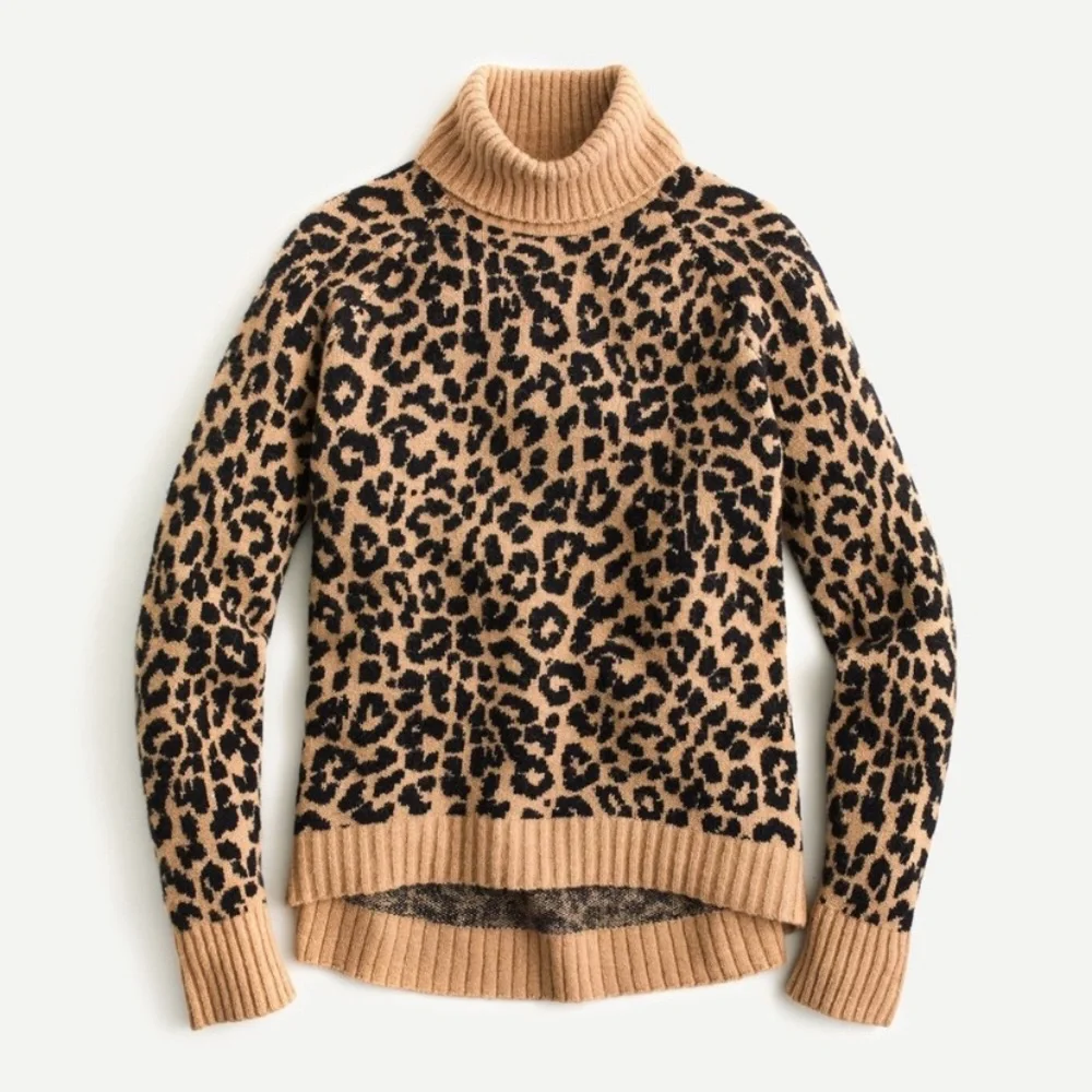 J. Crew Alpaca Merino Wool Tan Black Leopard Print Turtleneck Sweater - Picture 2 of 7